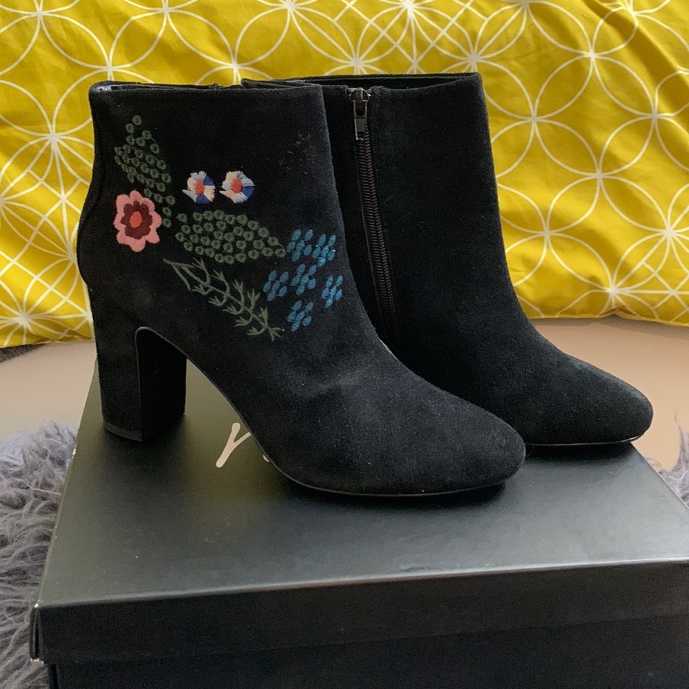 Black suede heeled bootie